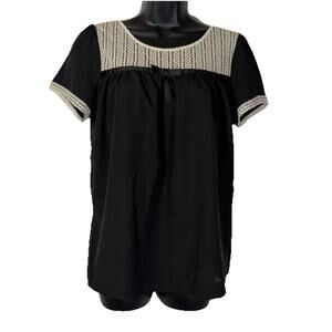 Black Top White Lace Yoke Short Sleeve Bow Goth Whimsygoth Neutral Vintage